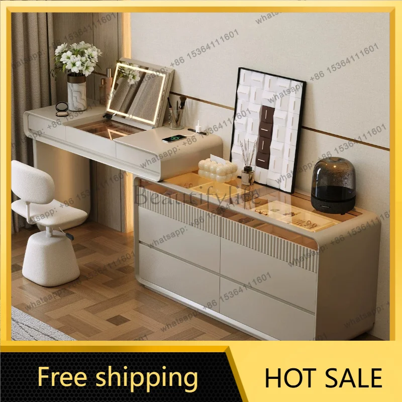 zj.Modern Wooden Flip Top Vanity Desk with Chest of Drawers Hidden LED Makeup Mirror Fingerprint Lock Storage Dresser for Bedroo