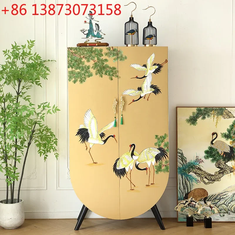 

French Chinese style gold painted crane bedroom cloakroom double door wardrobe