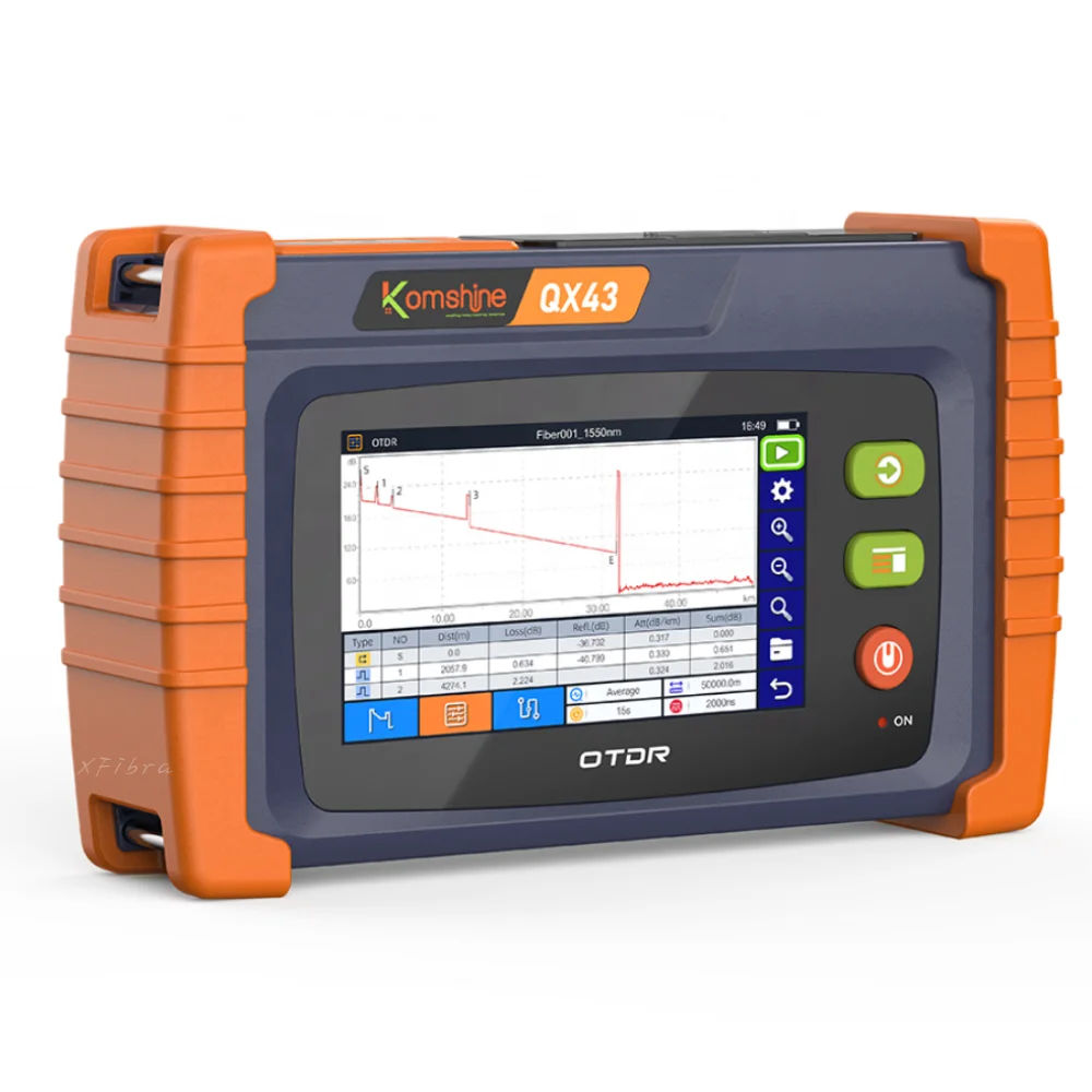 KOMSHINE QX43 FTTX SM/PON Touch Screen OTDR, Up to 9 Wavelengths, Built-in OPM, VFL, OLS & RJ45, Interchangeable SC/FC Tips