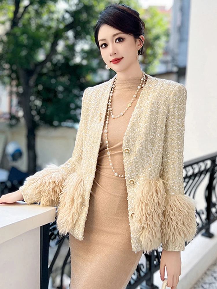 Women\'s Exquisite Luxury Elegant Jackets Sparkling Thick Tweed Artificial Fur Belt Bandage Coat Femme Party Banquet Outwear Tops