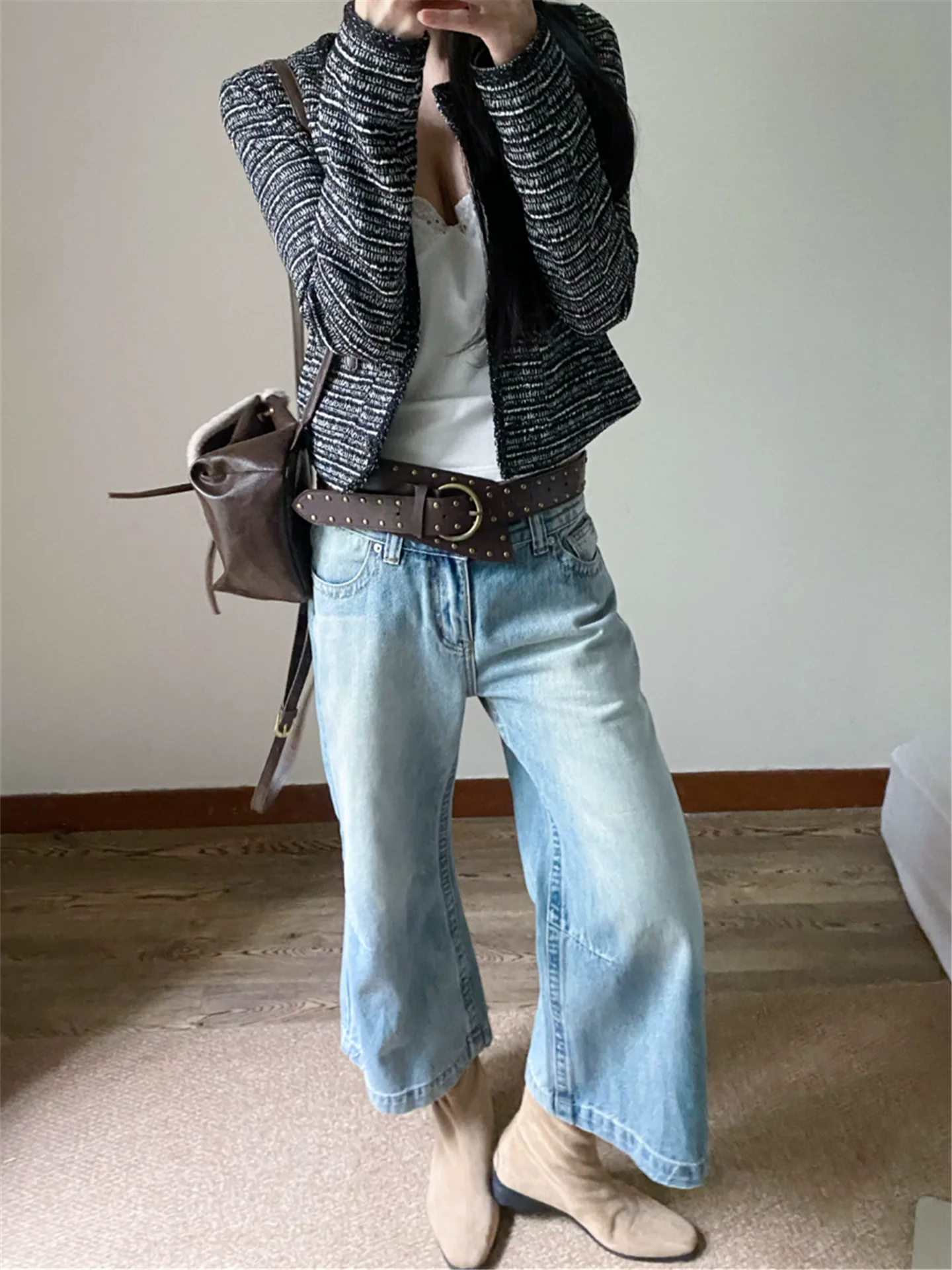 

American Vintage Women's Low Waist Bell Bottom Jeans Summer Loose Slimming Design Cotton Casual Loose Fit Denim Jeans