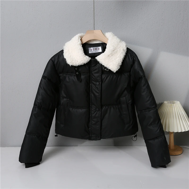 

ort Quilted Cotton Jaet Women's Winter Casual Loose Coat with Big Fur Collar Fragile Sle Korean Version Long Sve Zipper