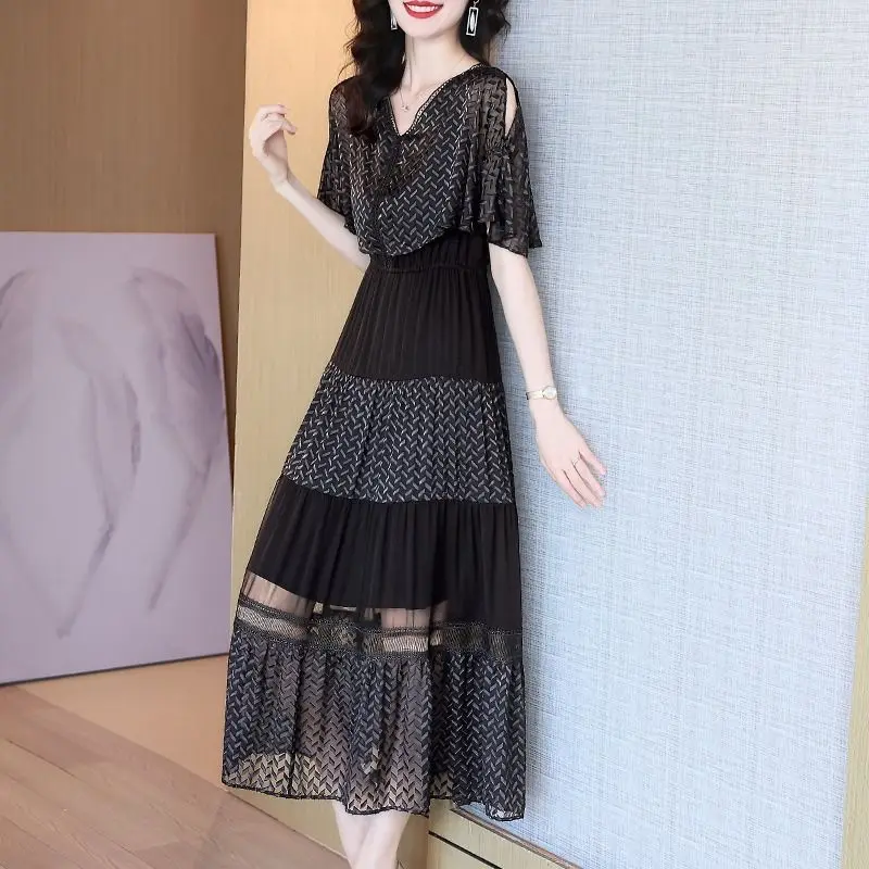 Summer New Stylish Off Shoulder Midi Dress Elegant V-Neck Female Clothing Hollow Out Lace Patchwork Commute A-Line Waist Dresses