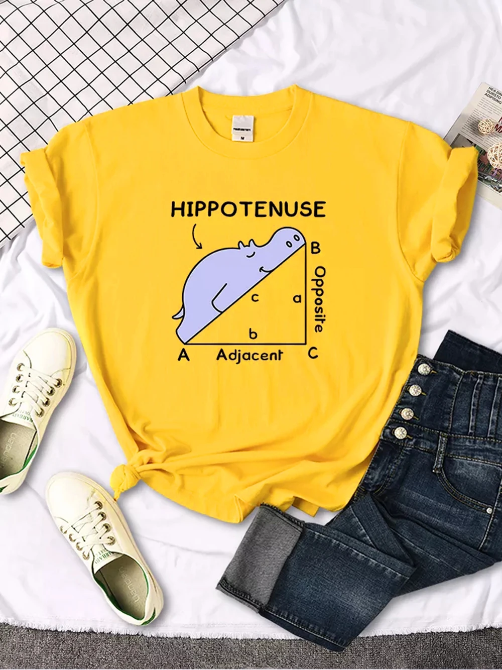 Women T-Shirt Hippo Sleeping On Math Problem Printing Shirt Females O-Neck Loose Oversize Top Slim Kawaii Animal Ladies T Shirt