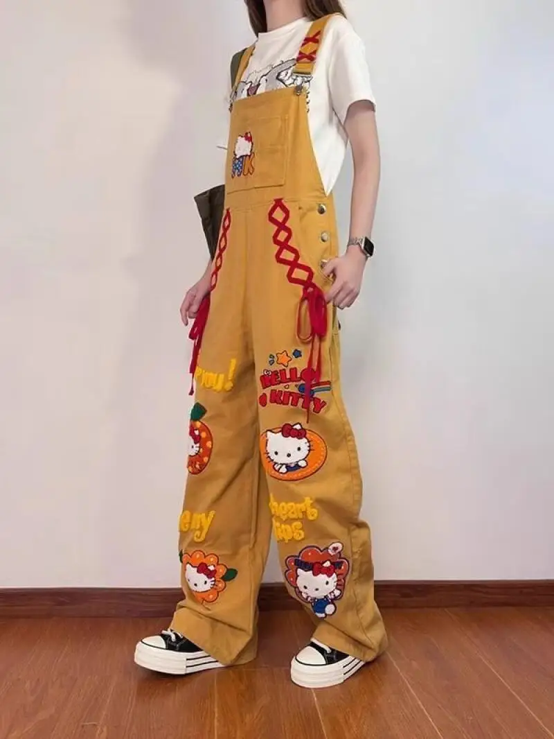سانريو مرحبا كيتي سراويل الرجعية Kawaii Y2K السراويل الصيف فضفاضة النمط الأمريكي معدات العمل الترفيه واسعة الساقين الفتاة السراويل