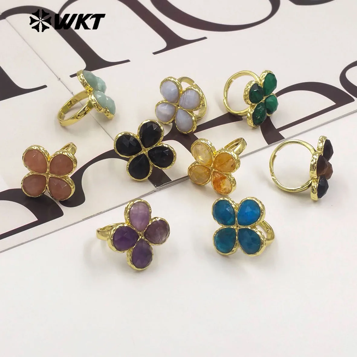 

WT-R601 Beautiful 18K Gold Electroplated Natural Gemstones Flower Shape Rings Adjustable For Women Fashion Style Jewelry