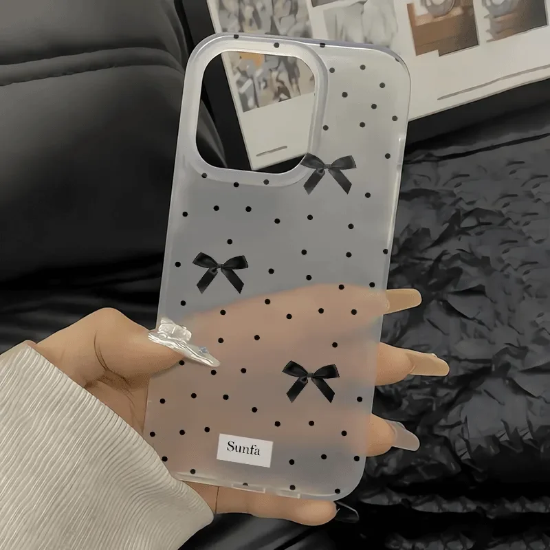 ins Korean Spotted bow Phone Case For iPhone16 Pro Max15 14 13 12 11XR XS Max7 8PlusY2K Light luxury style Soft protective shell