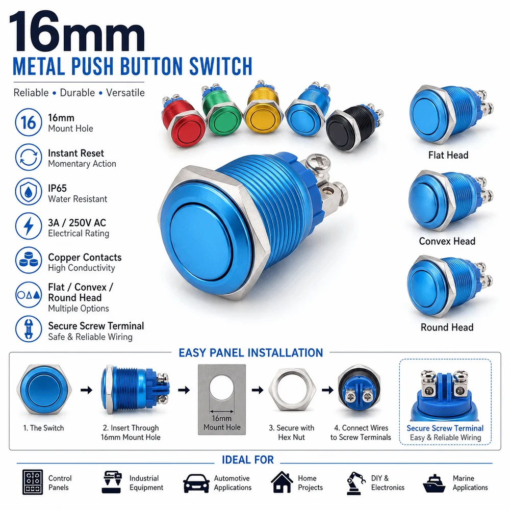 16MM Reset Push Button Switch High Round Head Instant Reset Metal Switch Flat Top Screw Pin Self-Resetting Switch