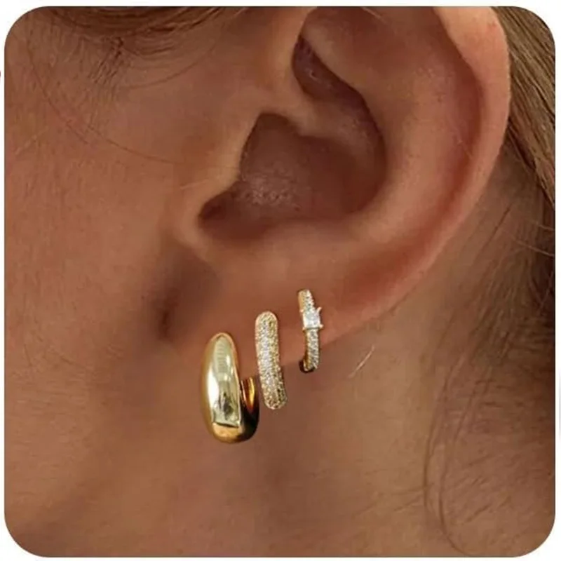 3 Pcs/set CZ Zircon Hoop Earrings Set for Women Gilrs Dainty14K Gold Plated Lightweight Stackable Piercing Earrings Jewelry Gift
