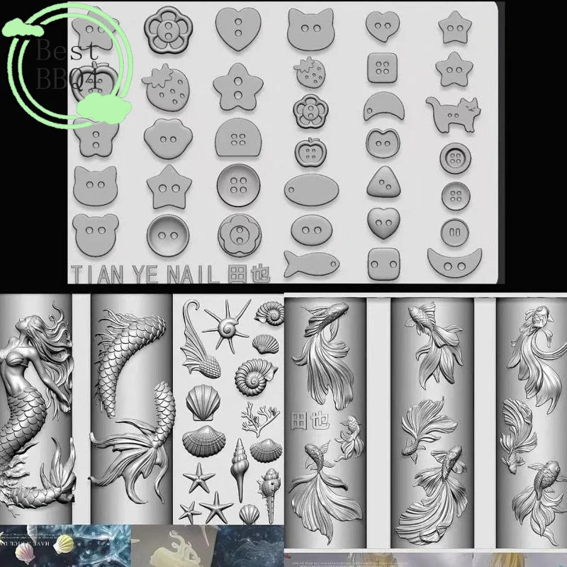 (BBQ4)3D Soft Resin Nail Ocean Mermaid Templates Art Mold Goldfish Koi Buttons Carves Cartoon Template For Nail DIY Accessories