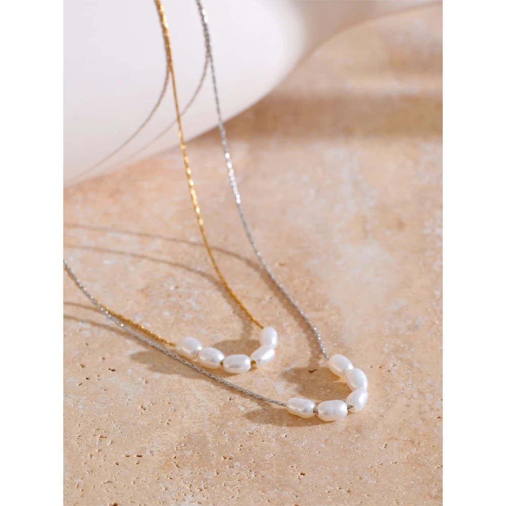 Yhpup Natural Freshwater Pearls Stainless Steel Chain Necklace for Women Waterproof Chic Fashion Collar Jewelry Gift Waterproof