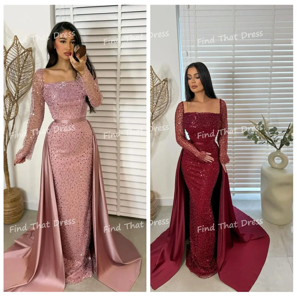 العرف الحديثة ساحة طوق مطوي مثير حورية البحر ثوب مسائي عارية الذراعين الترتر فستان عربي سعودي مع قطار للانفصال #2