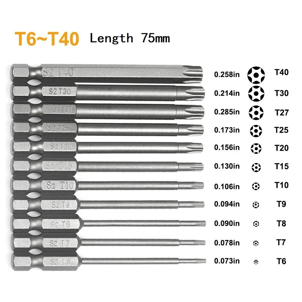 Destornillador Torx de cabeza magnética, destornillador hexagonal de 1/4 pulgadas, herramienta de mano de estrella a prueba de manipulaciones, 75mm,