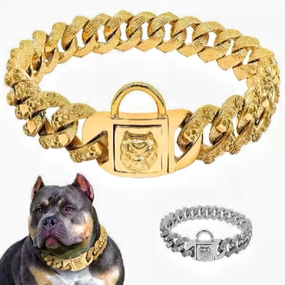 Bully Dog Collar 25mm Stainless Steel Gold Chain Large Dog Pitbull Bulldog French Necklace Customized Quality Strong Pet Collar