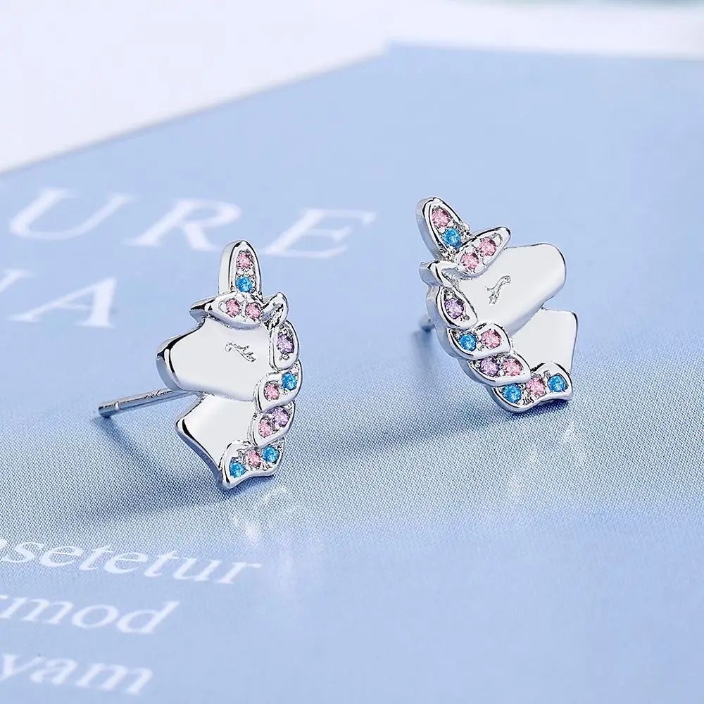 925 Sterling Silver Cute Unicorn Rainbow Stud Earrings For Women Girls Studants Friends Party Jewelry Gift Female Pendientes
