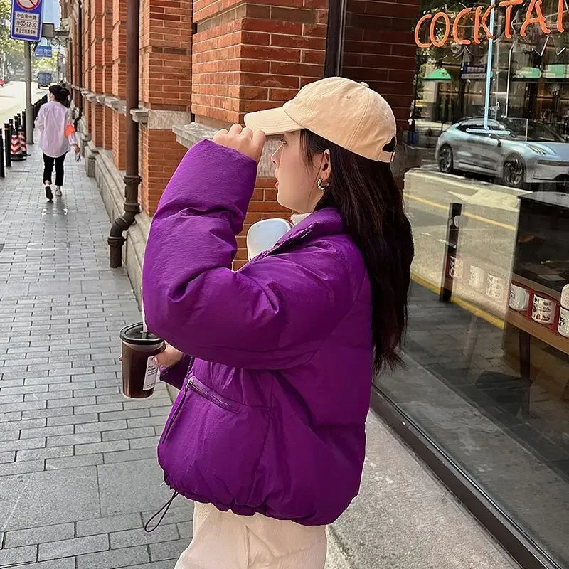 2023 New Winter Coat Women Puffer Jacket Long Sleeve Short Tops Thickened Warm Solid Color Jacket