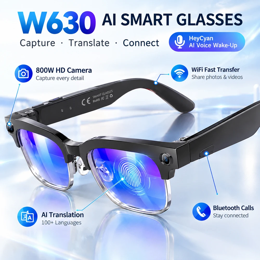 W630 800W HD Pixel Smart Glasses Bluetooth Call WiFi Transmission Photo & Video Recording Translation Sunglasses Men Women 2026