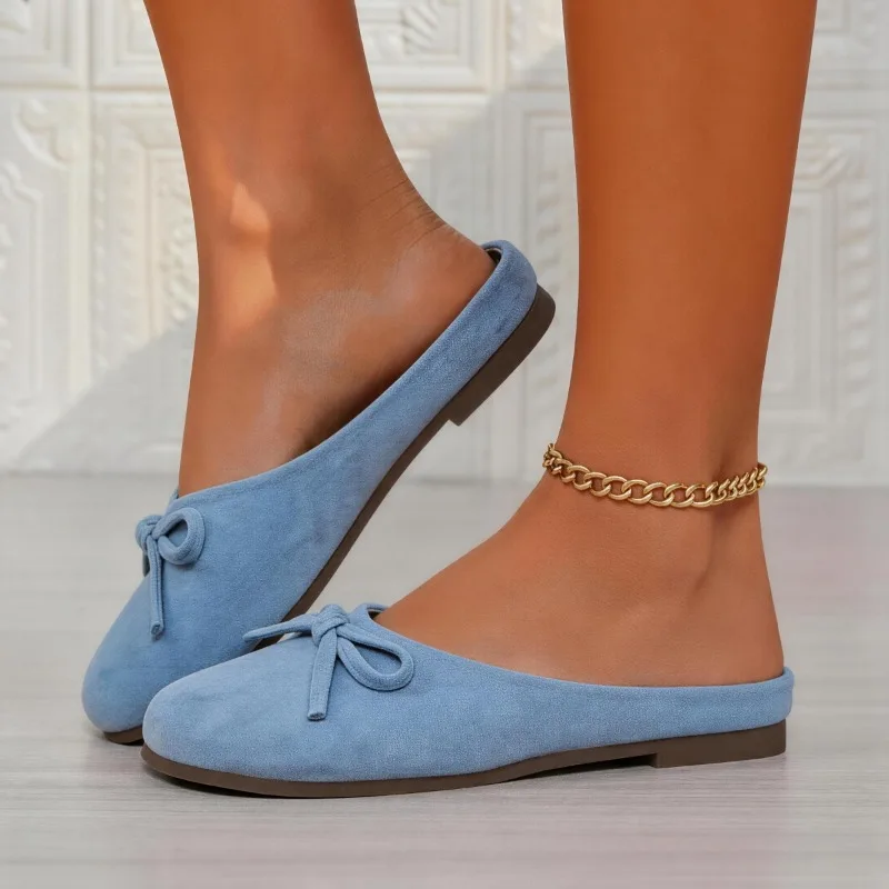 Ladies Light Blue Round Toe Mule Flats Front Bow Ornament Slip on Backless Daily Casual Flat Slide Slippers