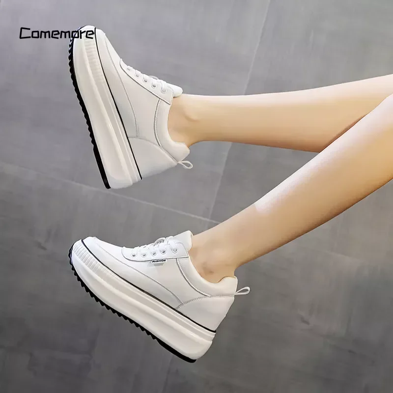 Comemore Platform Wedge Female Women 8CM Heels 2023 Sneakers Chunky Spring Autumn Shoe Women Genuine Leather Casual Black Shoes