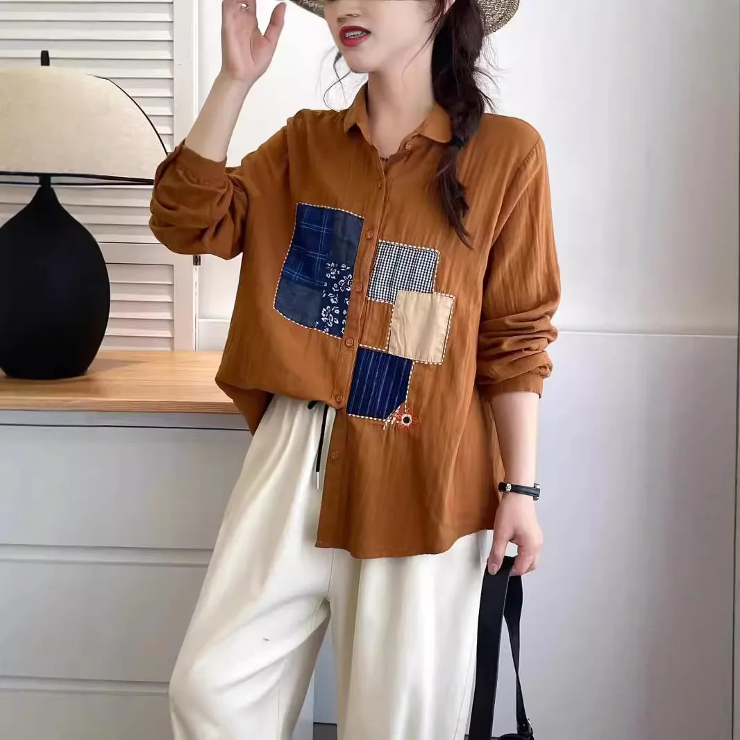 New Autumn Cotton Yarn Long Sleeve Shirt, Women Embroidery Patchwork Top, Mori Girl Fashion Loose Blouses, 2024 Winter T48826QM