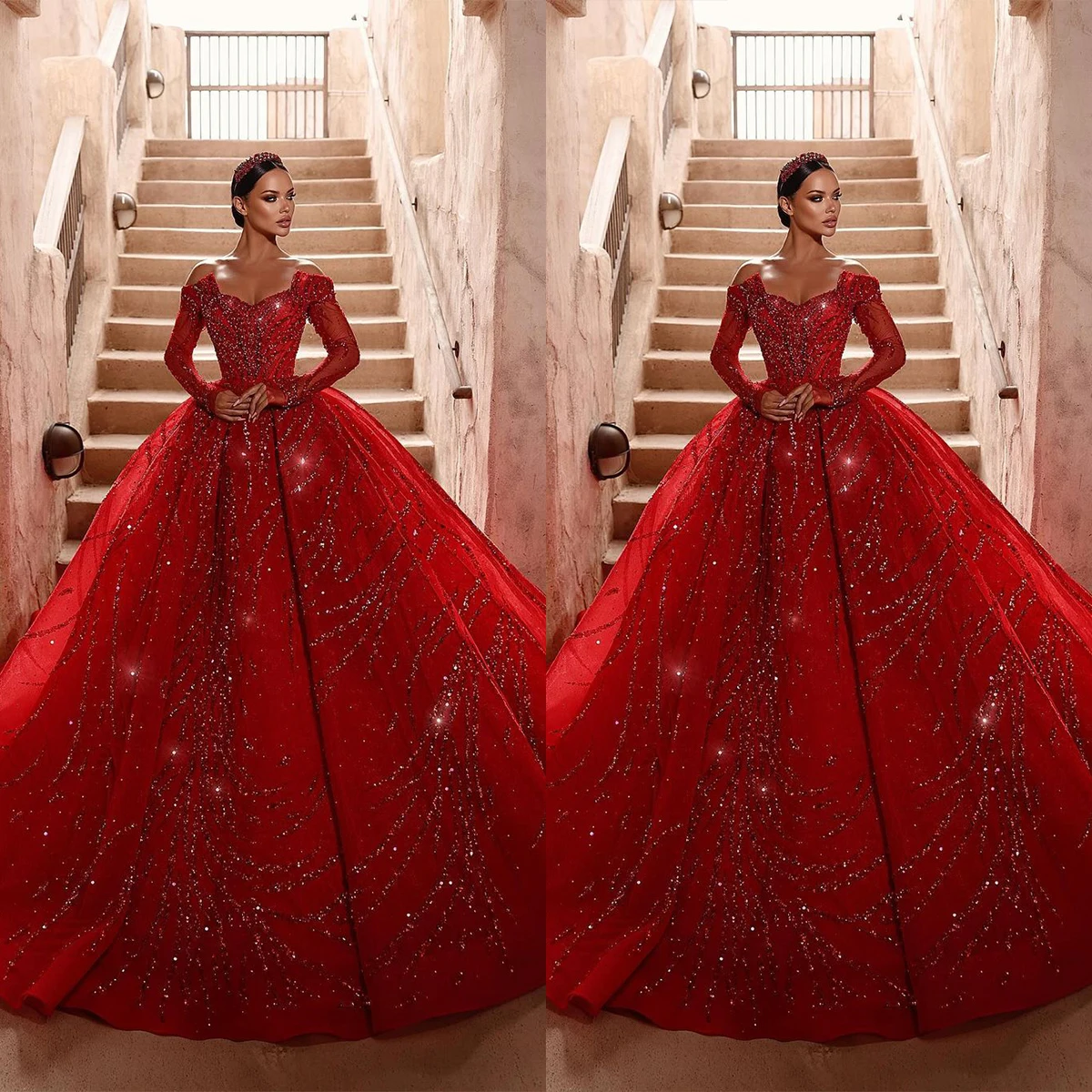 Vestido de Baile Vermelho com Apliques, lantejoulas, Cristais Beading, Vestidos De Noiva De Renda, Trem De Escova, Tamanho Grande, Vestidos De Casamento Coloridos Personalizados