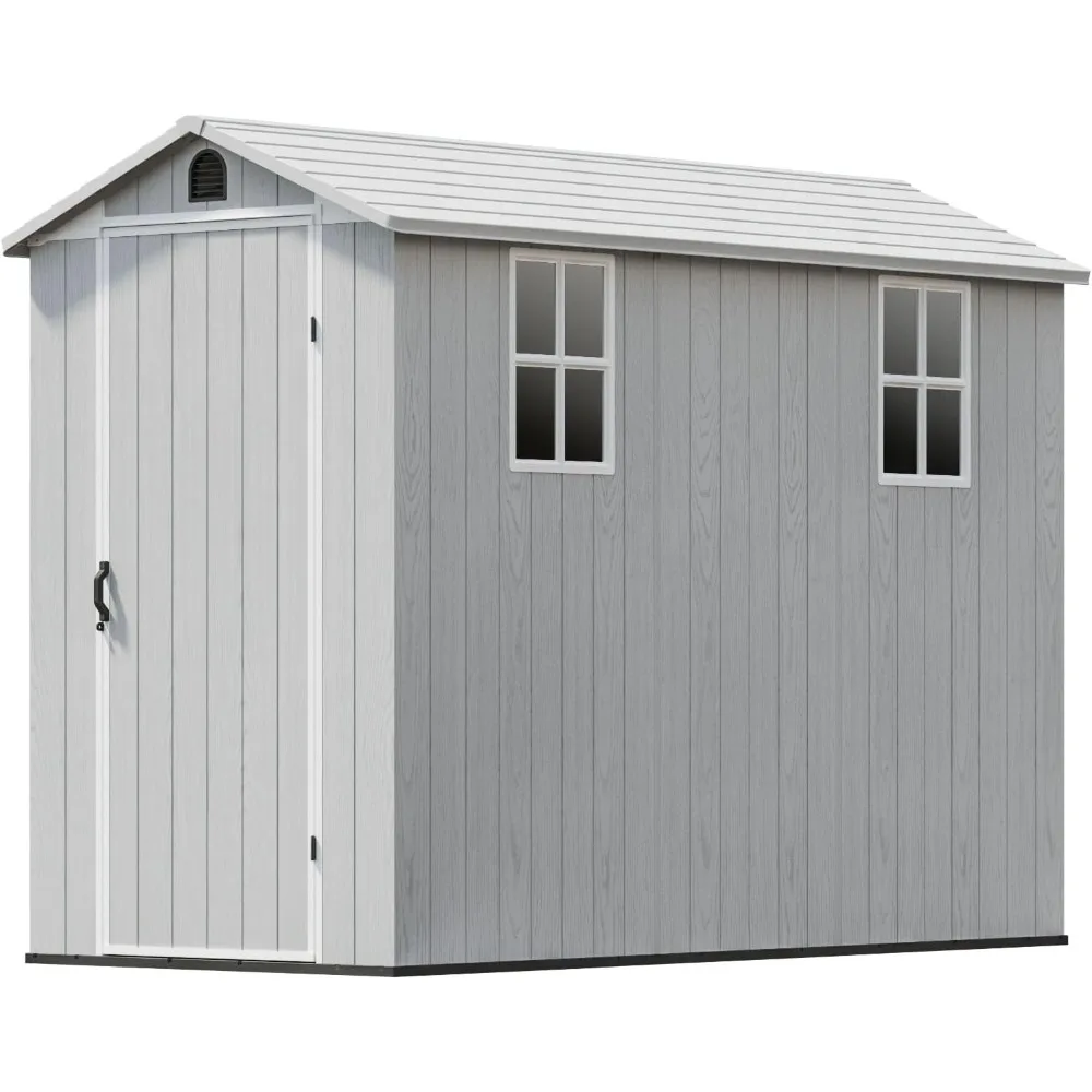 4 x 8 FT Plastic Outdoor Storage Shed with Floor, Resin Outside Tool Shed with Two Windows and Lockable Door for Garde