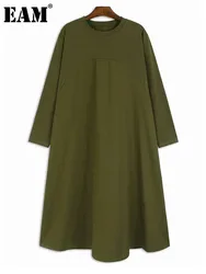 [EAM] Women Green Brief Spliced Big Size Long Casual Dress New Round Neck Long Sleeve Fashion Tide Spring Autumn 2024 1DH7011