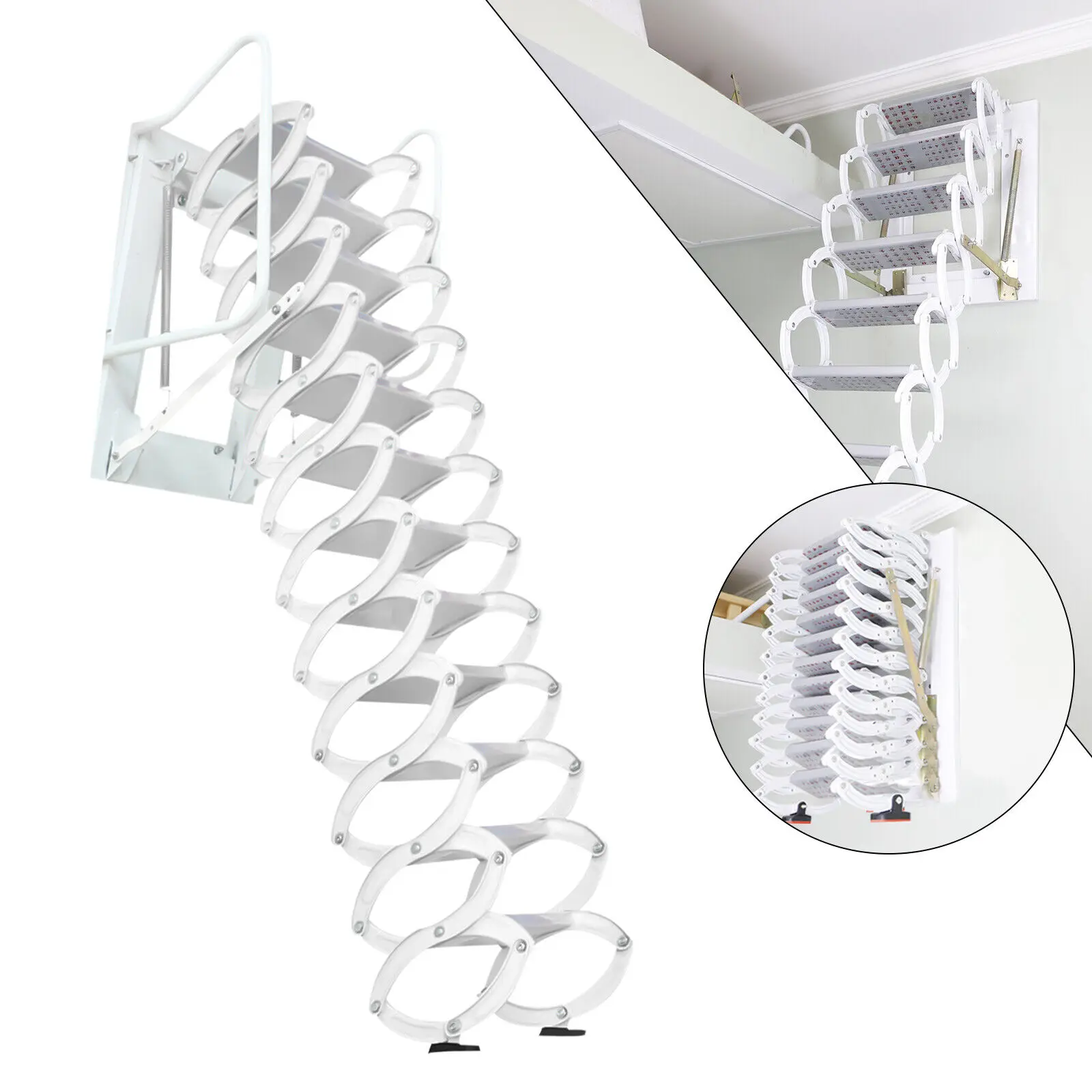 Wall-Mounted Folding Stairs for Attic Retractable Loft Ladder with Armrests Handle Ladder Extension Staircase White 12 Steps