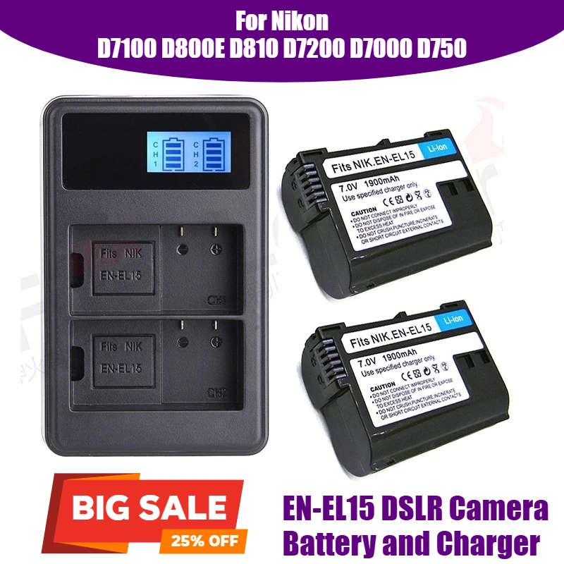 7,0 V 1900 mAh EN-EL15 DSLR-Kamera-Akku und Ladegerät, für Nikon D7100 D800E D810 D7200 D7000 D750