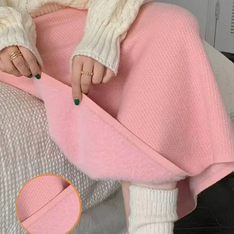 Vintage Elastic Waist Women A-line Sweater Skirts Autumn Winter Elegant Straight Solid Knitted Midi Skirts Female E2106