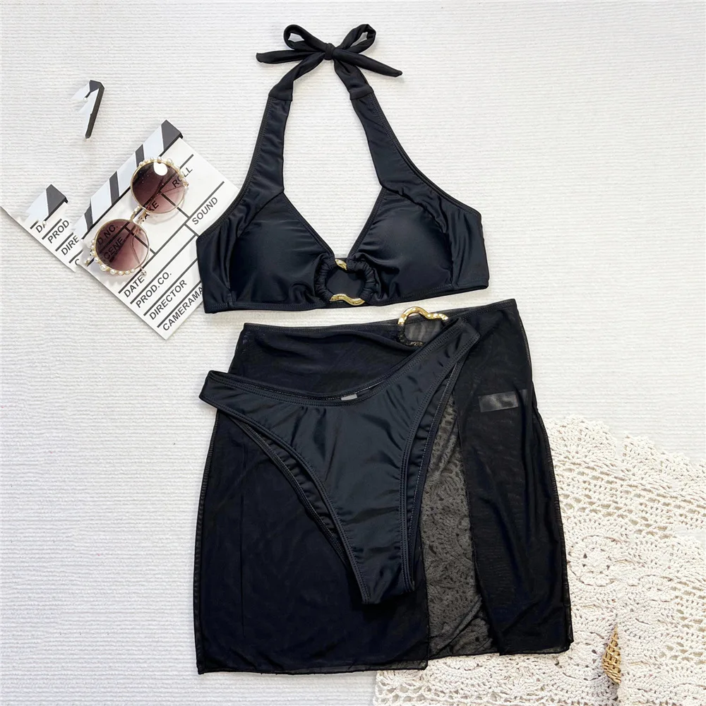 Black Halter Bikinis Sets 3 Pieces Mesh Cover Up Sexy Swimsuit Women Metal Ring Hollow Out Swimwear 2025 Beach Wear Bikini Mujer