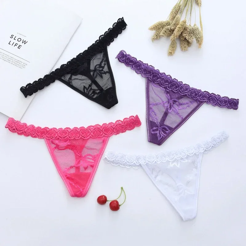 Sexy Lace Love G-string Transparent Thong Low Waist Panties Cotton T-shaped Underpants T-back Underwear Bikini Briefs Wholesale