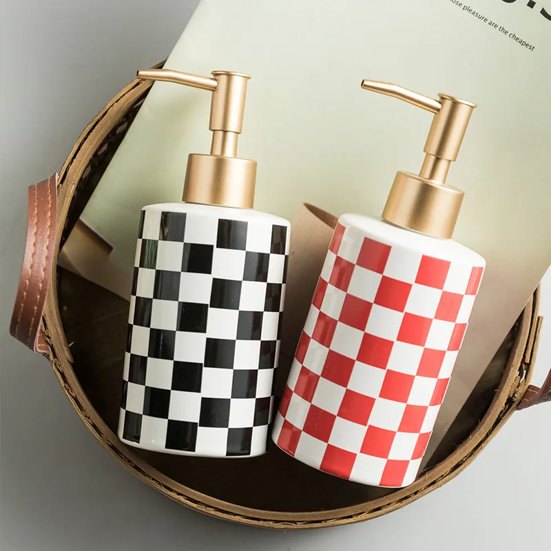 Ceramic soap dispenser Color check geometry pattern Lotion bottle Press pump shampoo bottle bathroom Storage accessories