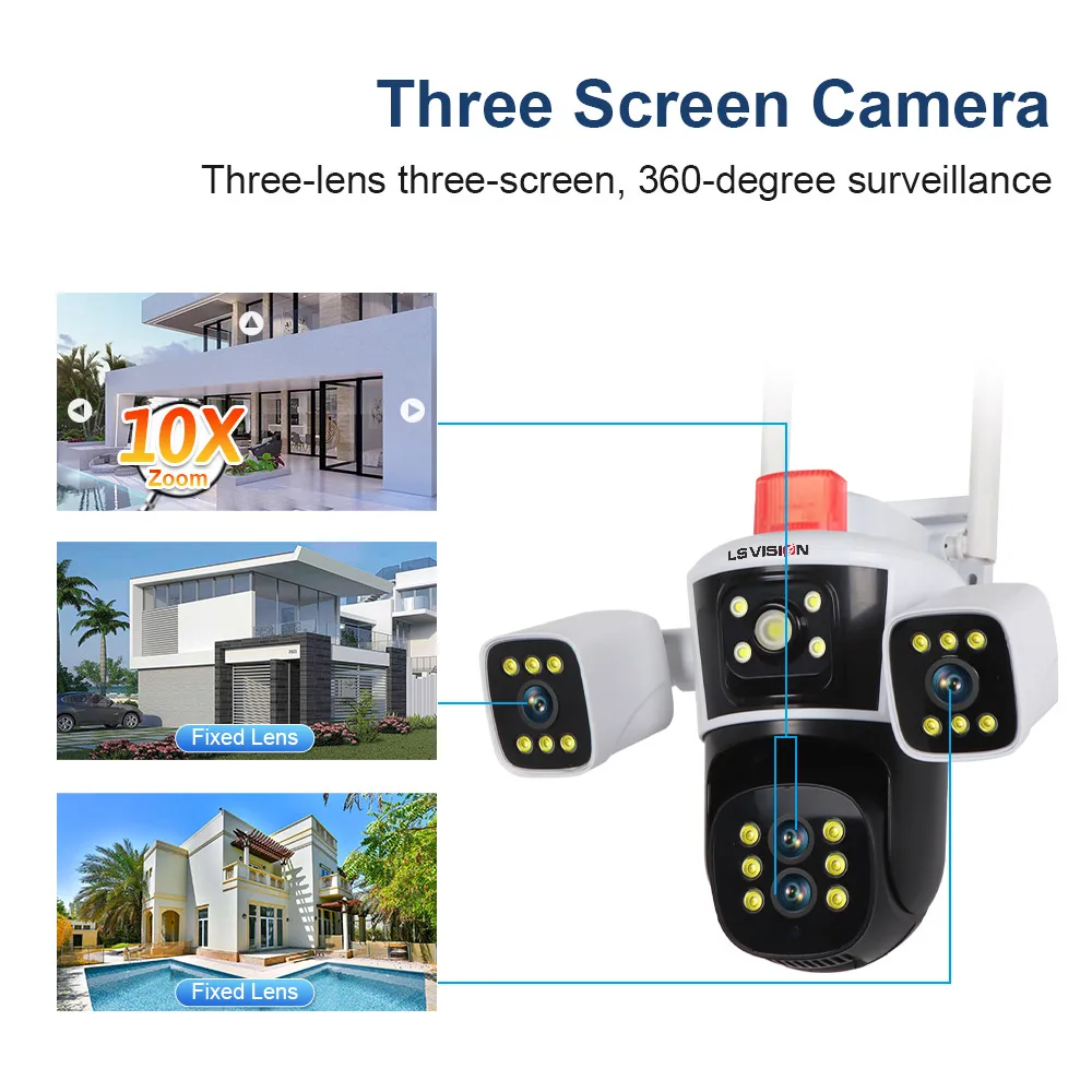 LS VISION 8K16MP WiFi Camera Outdoor Three Lens Three Screen PTZ CCTV Waterproof Video Surveillance Human Tracking Security cam