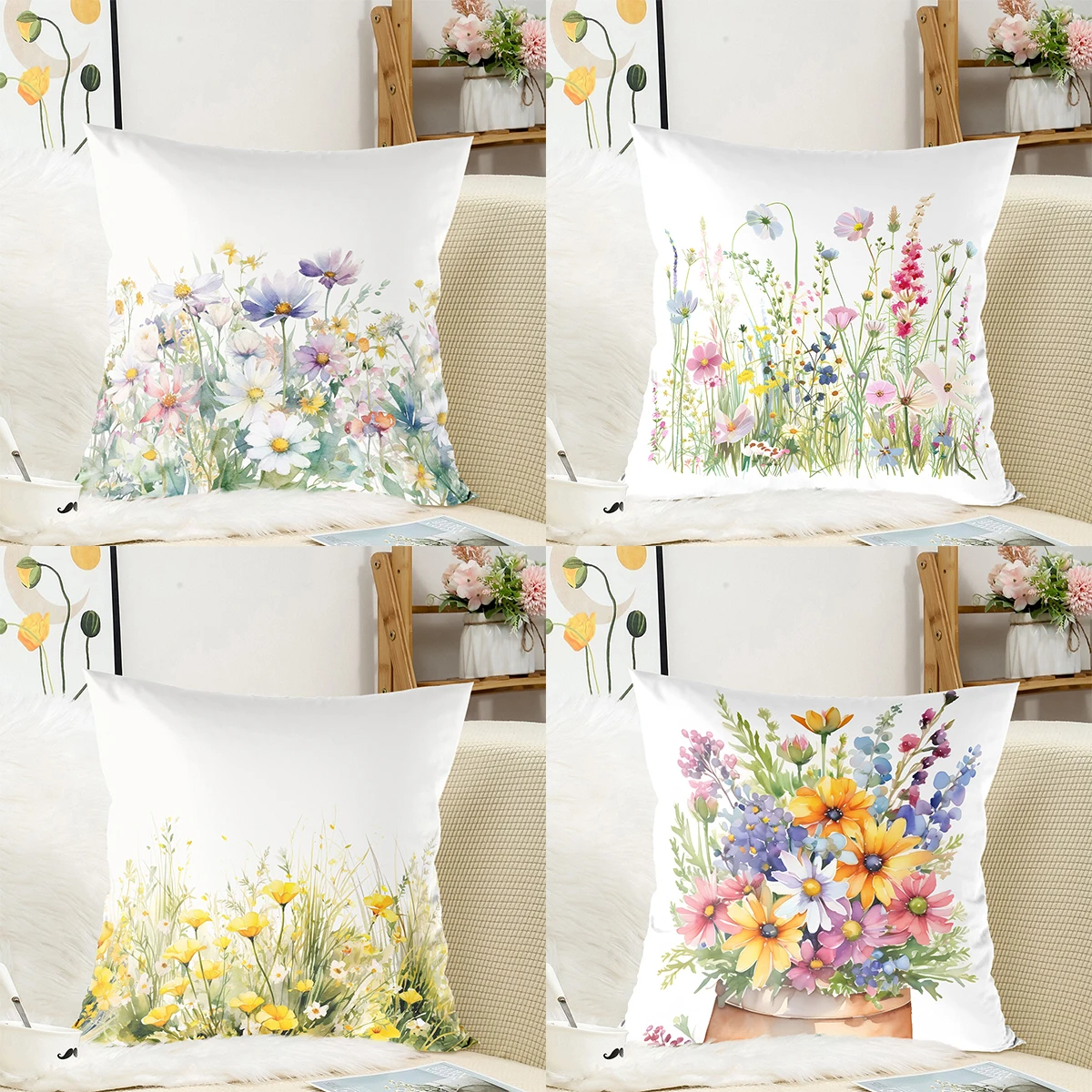 

1pc 45x45cm Spring Pillow Covers Farmhouse Wild Flower Green Throw Pillow Covers Floral Plant Decor Pillows for Home Couch Bed