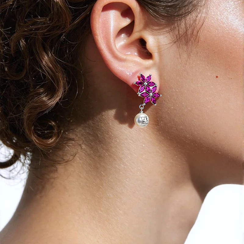 

CH Flower Pearl Earrings Gold Plated with Crystal Petals and CH Monogram Elegant Romantic Dangle Stud Jewelry Gift For Women