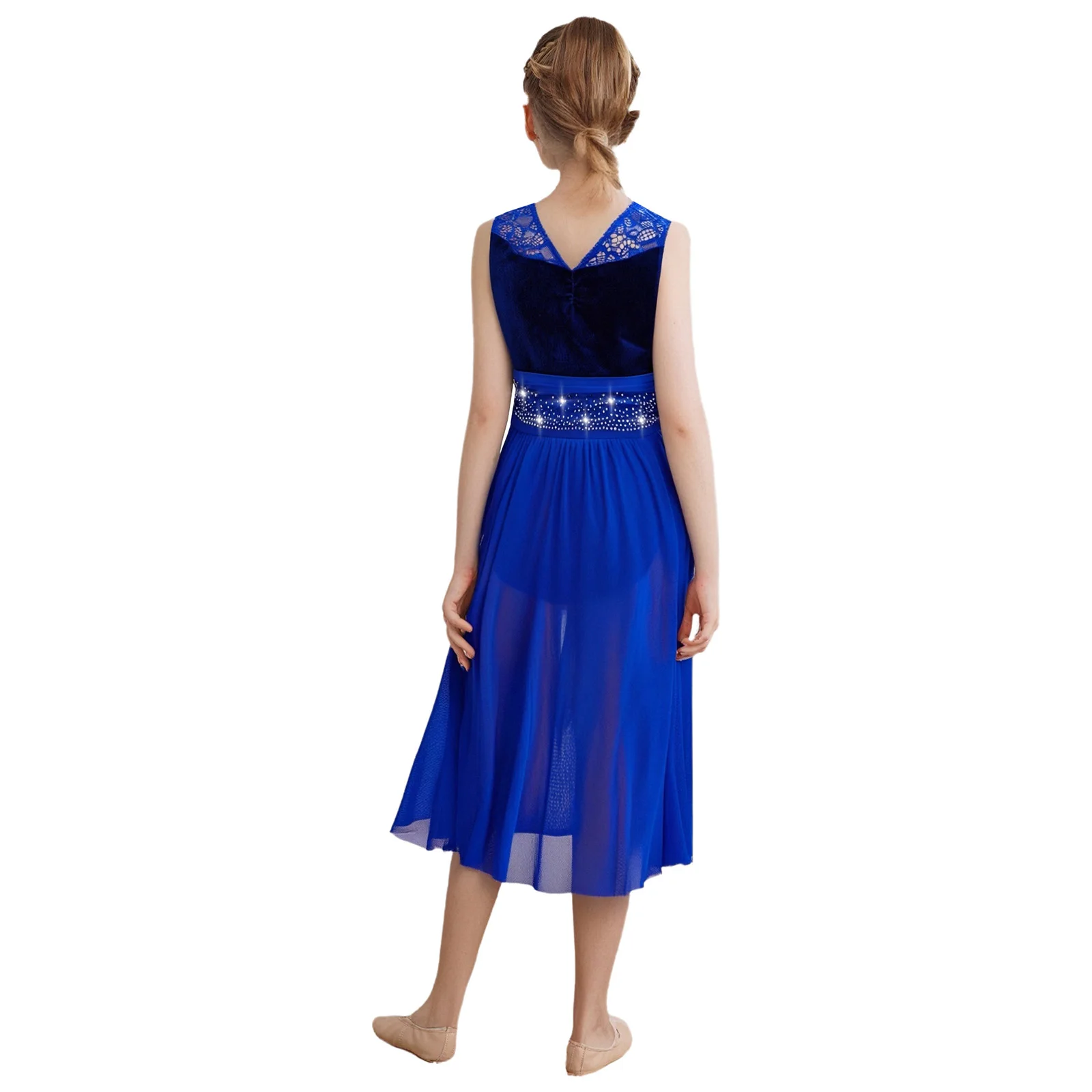 Kids Girls Modern Lyrical Dance Dress Sparkly Rhinestones Lace Patchwork Ruched Mesh Asymmetrical Hem Leotard Dress Dancewear #2