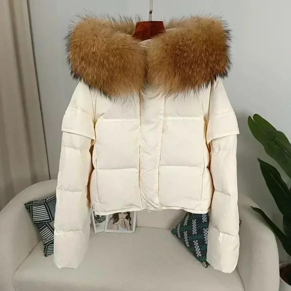 Detachable Sleeve Real Raccoon Fur Collar Jacket Outerwear Streetwear Duck Down Loose  Autumn Winter Women Hooded Fashionable