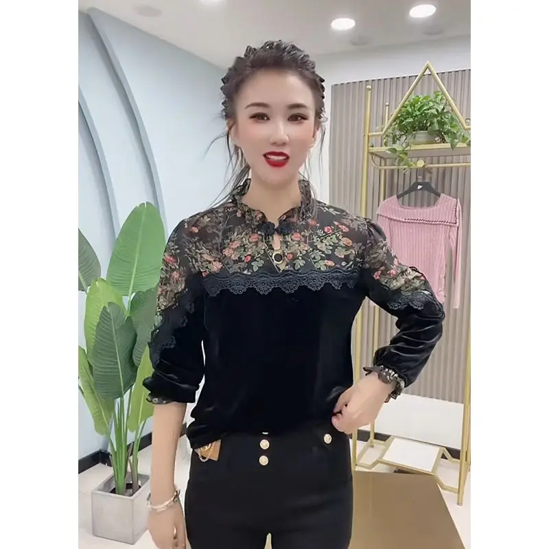 بلوزة نسائية أنيقة مع تطريز الأزهار وحواف من الدانتيل وياقة واقفة وأكمام طويلة ملابس ربيع الخريف بقصة ضيقة #1