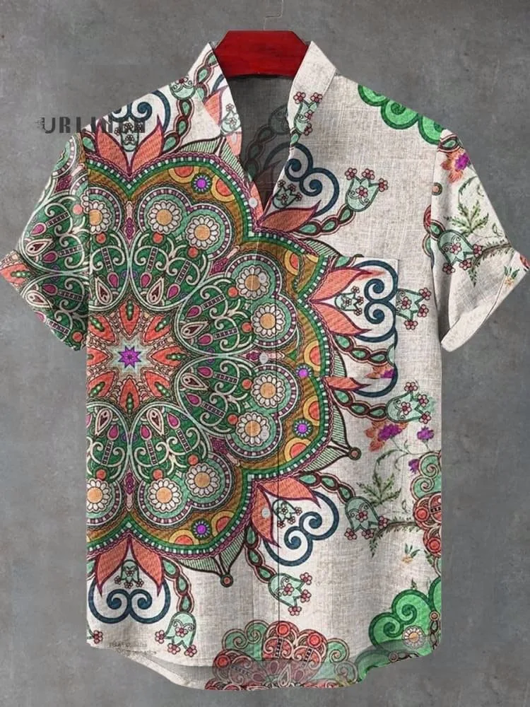 Moslim Kleding Heren 레트로 아프리카 부족 토템 패턴 인쇄 리넨 편안한 패브릭 반팔 셔츠 스트리트 트렌드