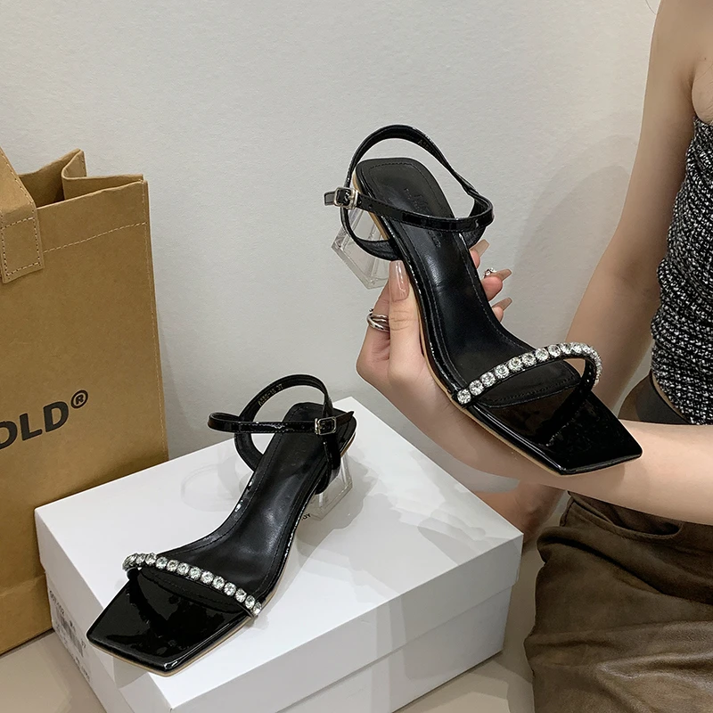 Luxury Crystal Sandals Women Rhinestone Ankle Strap Mid Heeled Sandalias Ladies Summer Evening Party Shoes in Black Silver Color