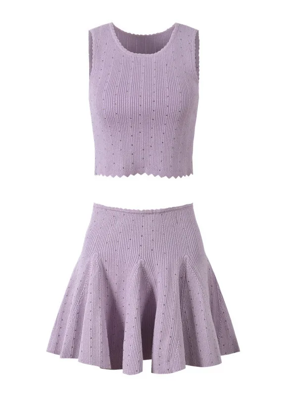 

Spring Summer 2026 New Style Purple Knitted Slim Fit Vest And Skirt Set Heavy Embellished Fashionable Elegant Slimming Ensemble