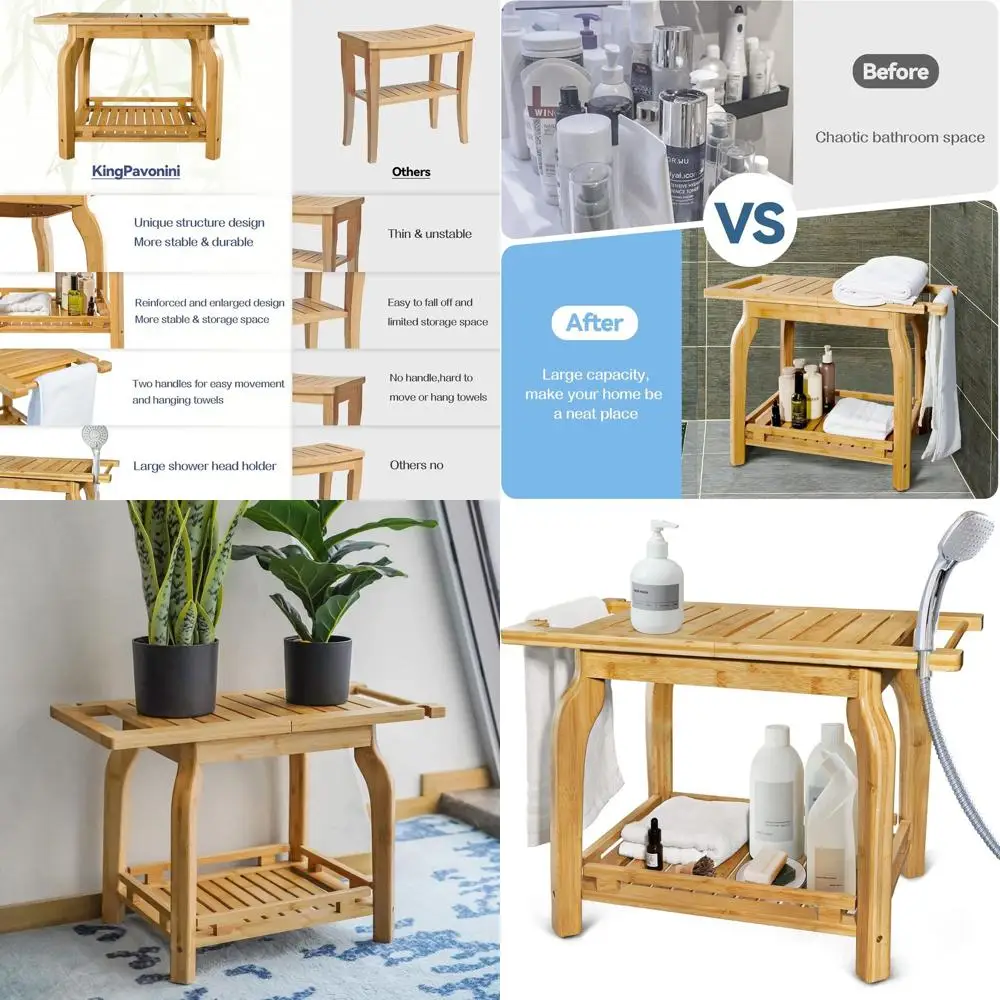 

25 Bamboo Shower Seat with Storage for Safe Shaving, Ideal for Seniors and Disabled Adults