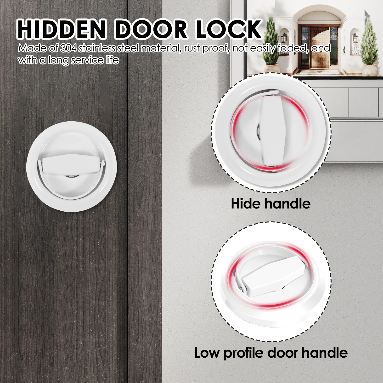 Keyless Recessed Door Lock 304Stainless Steel Rustproof Hidden Door Handle Lock for Sliding Door Recessed Cup Door Handle