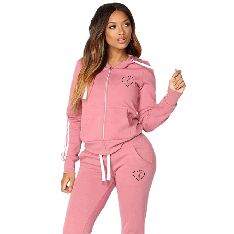 Women's striped sportswear set casual printed full zippered long sleeved sweater jacket and pants sportswear set