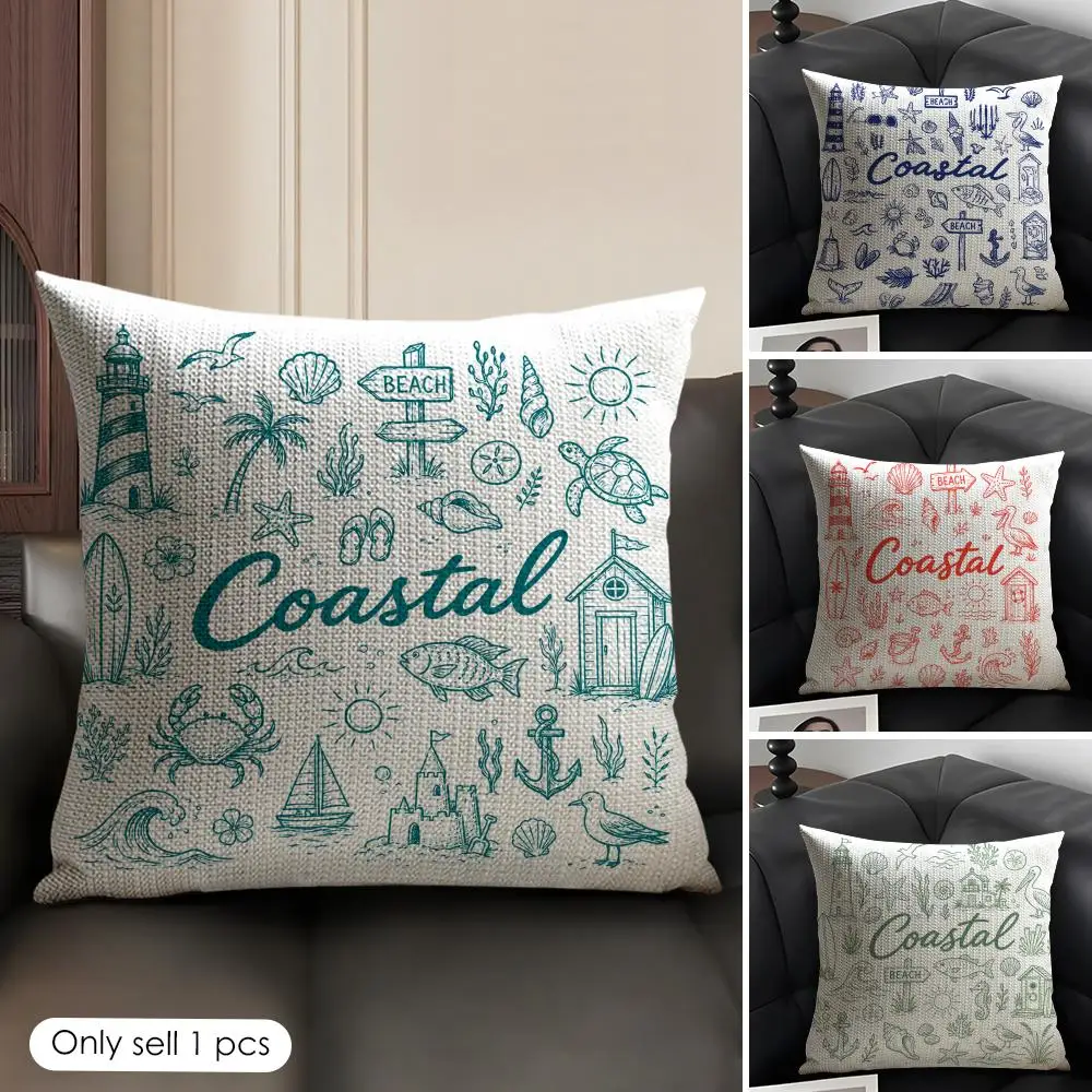 Cushion Cover Marine Life Sketches Linen Organic Fabric Double-Sided Printing Sofa Breathable Home Decor Gift Pillow Case