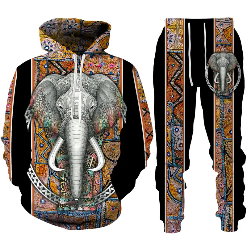 Autumn African Elephant 3D Printed Hoodie Suit Men Sweatshirts Sweatpants Casual Fashion Two Piece Tracksuit Set Men\'s Clothing