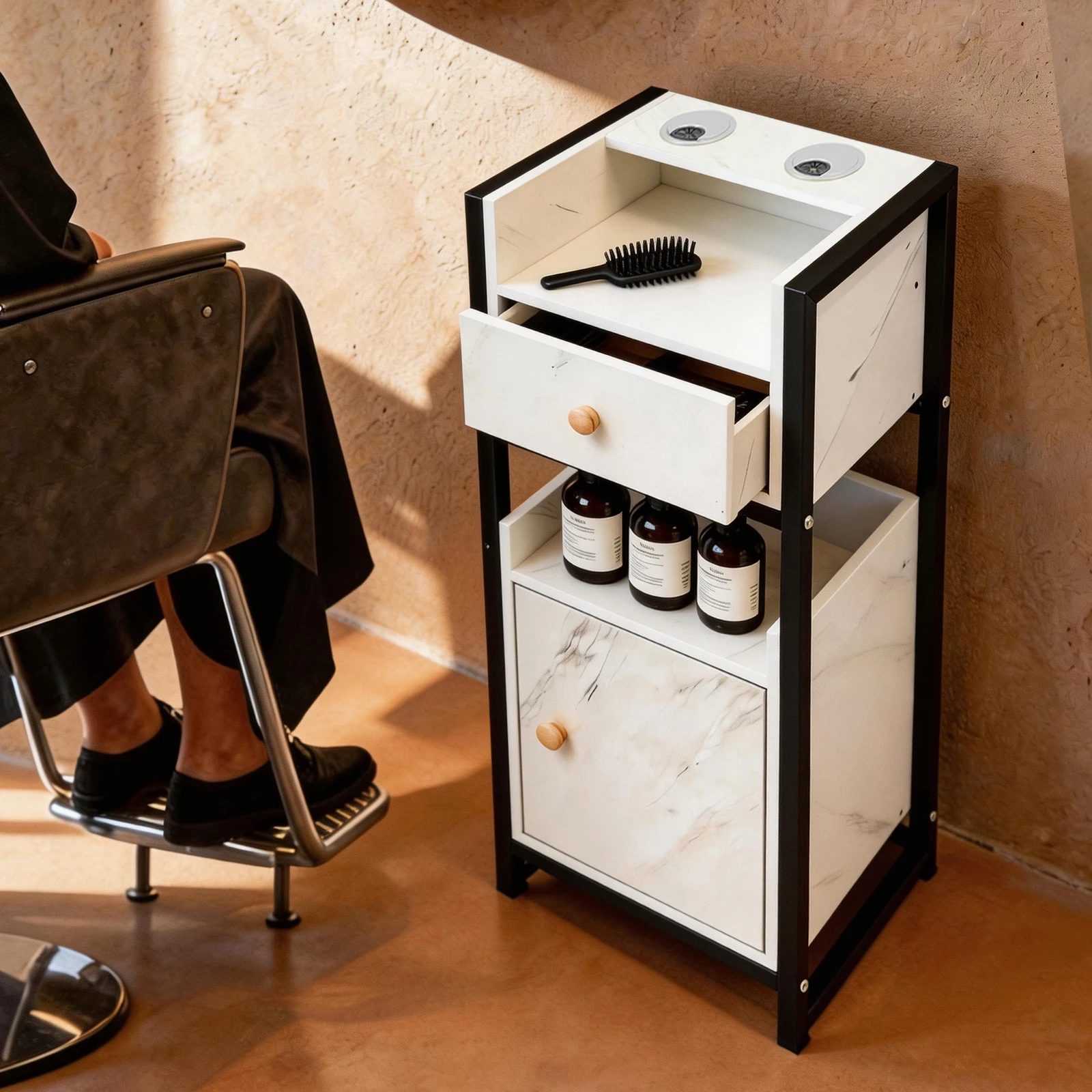 Moderno Estante Rectangular Independiente de MDF para Herramientas de Peluquería con Cajones, Capacidad de Carga de Aproximadamente 10 kg, para Barberías