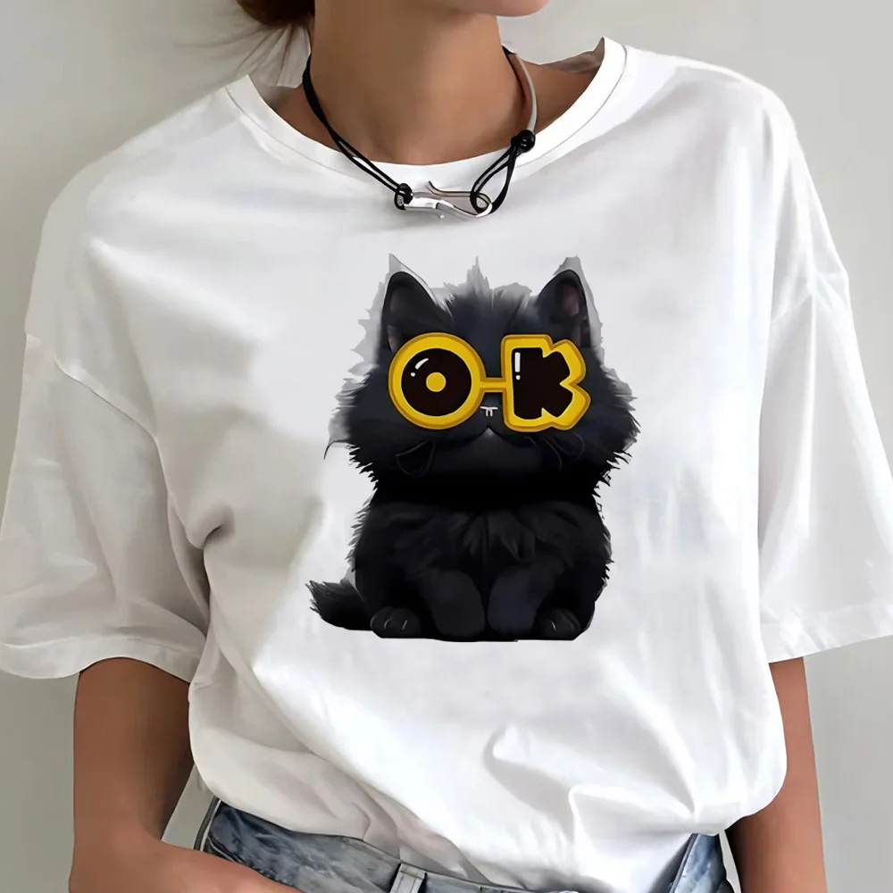 Kawaii Cat Print Women's T-Shirt Teen Funny Graphic Streetwear Classic Y2k Clothes Summer Fashion O-Neck Short Sleeve T-Shirt
