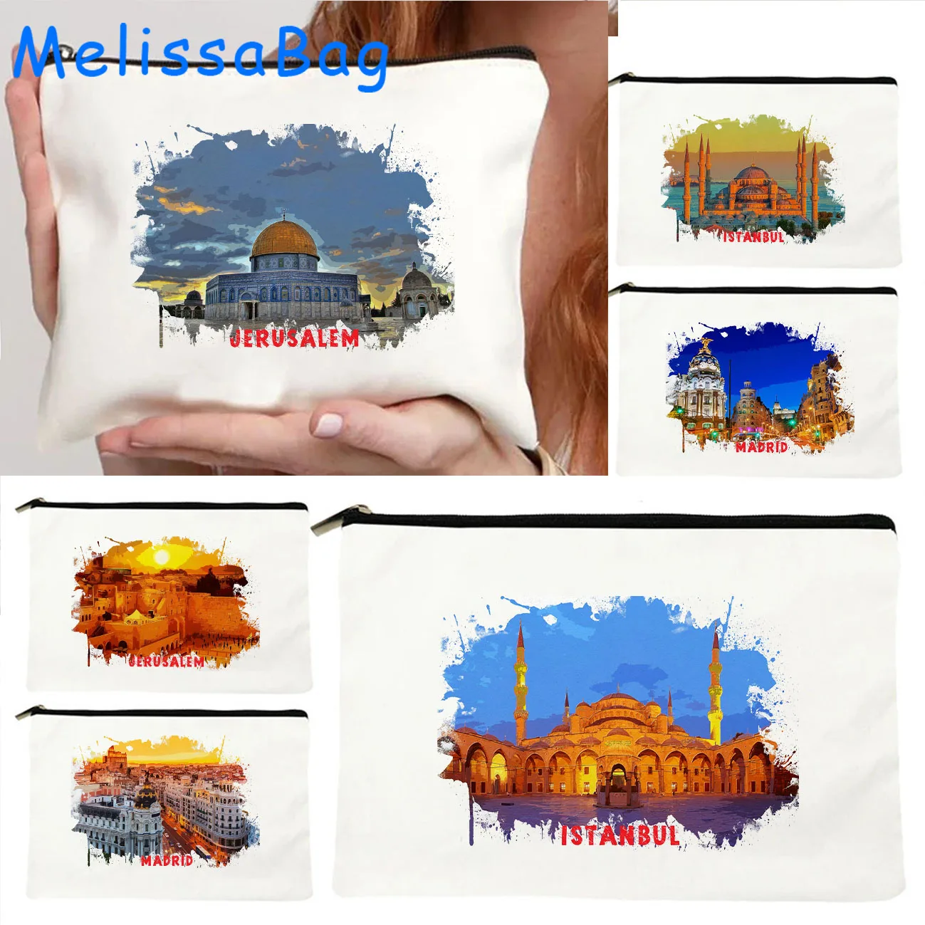 Istanbul Turkey Turkish Palestine Jerusalem Madrid Spain Watercolor Painting Canvas Cosmetic Makeup Bag Pencil Case Zipper Pouch